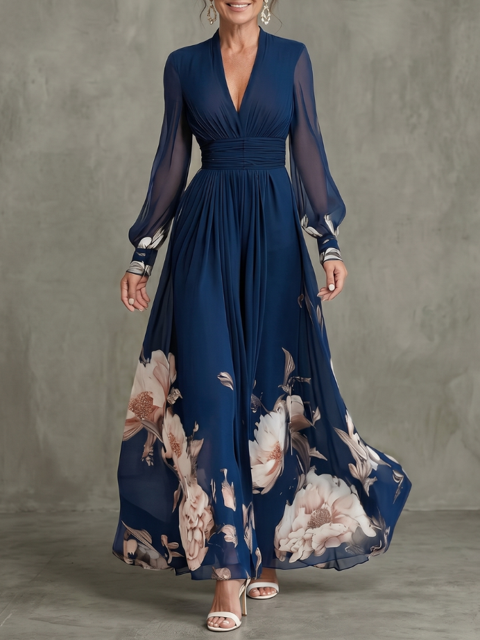 Ziva | Pleated Sheer Sleeves Maxi Dress