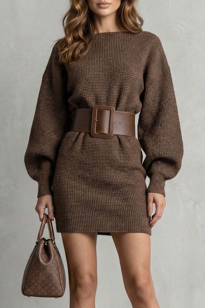 Aderisse | Structured Knit Fit Belted Mini Dress