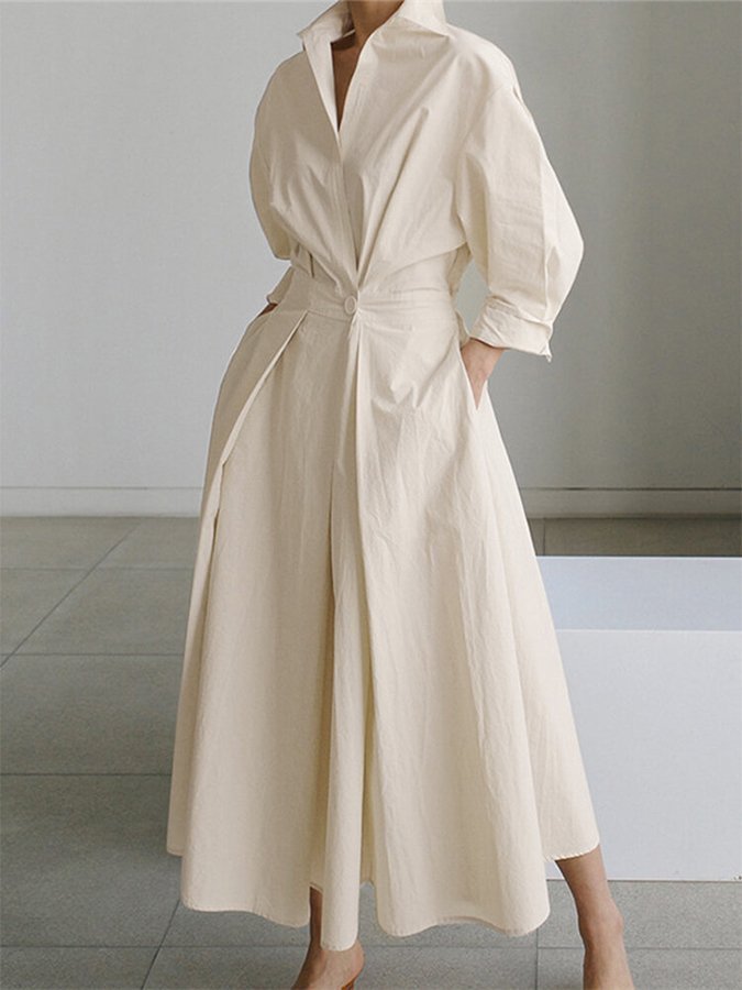 Luni – Lapel Collar Maxi Dress with Swing Skirt