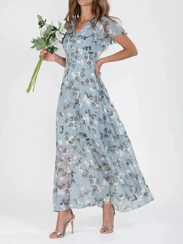 Zuri – Floral Maxi Dress with V-Neck &amp; Ruffle Sleeves