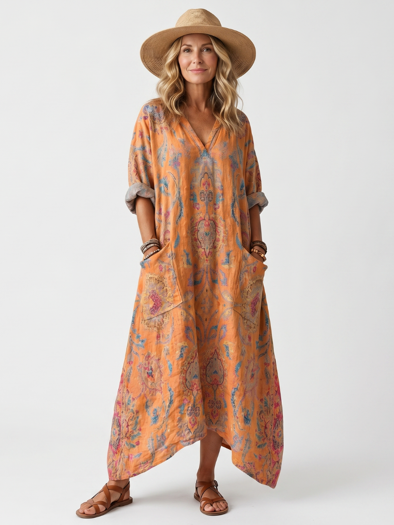 Orange printed oversized pocket midi dress with notch neck, modeled with a wide-brim hat and sandals, in a studio setting.