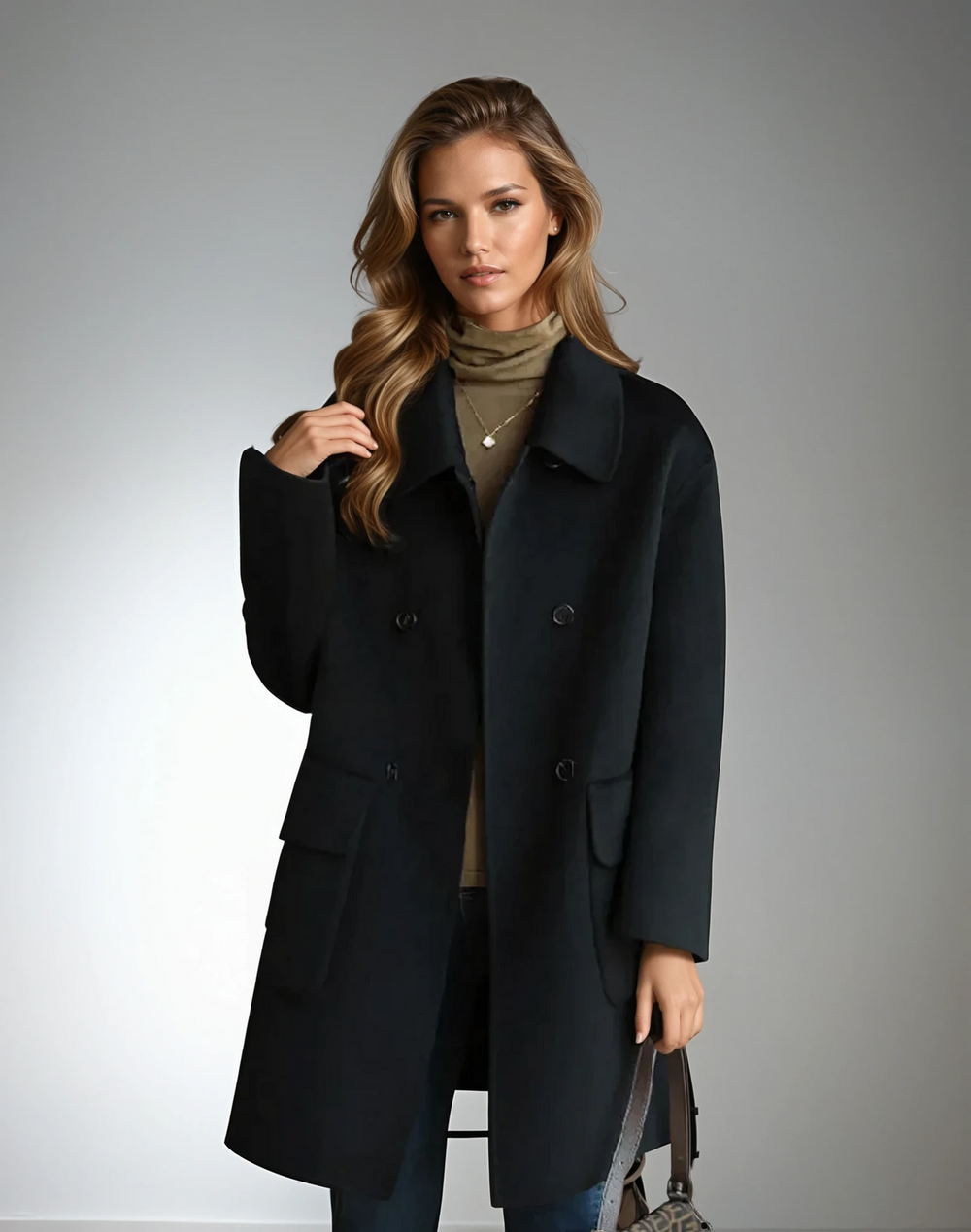Dark coat with a structured fit and large pockets, worn over an olive top, paired with a patterned handbag, studio setting.
