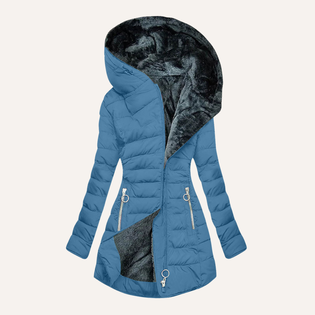 Blue fur-lined down jacket with hood, partially zipped, highlighting interior, studio setting.