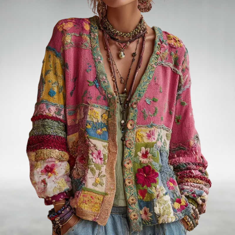 Colorful, patchwork knit cardigan with floral patterns and textured details, worn with layered necklaces in a studio setting.