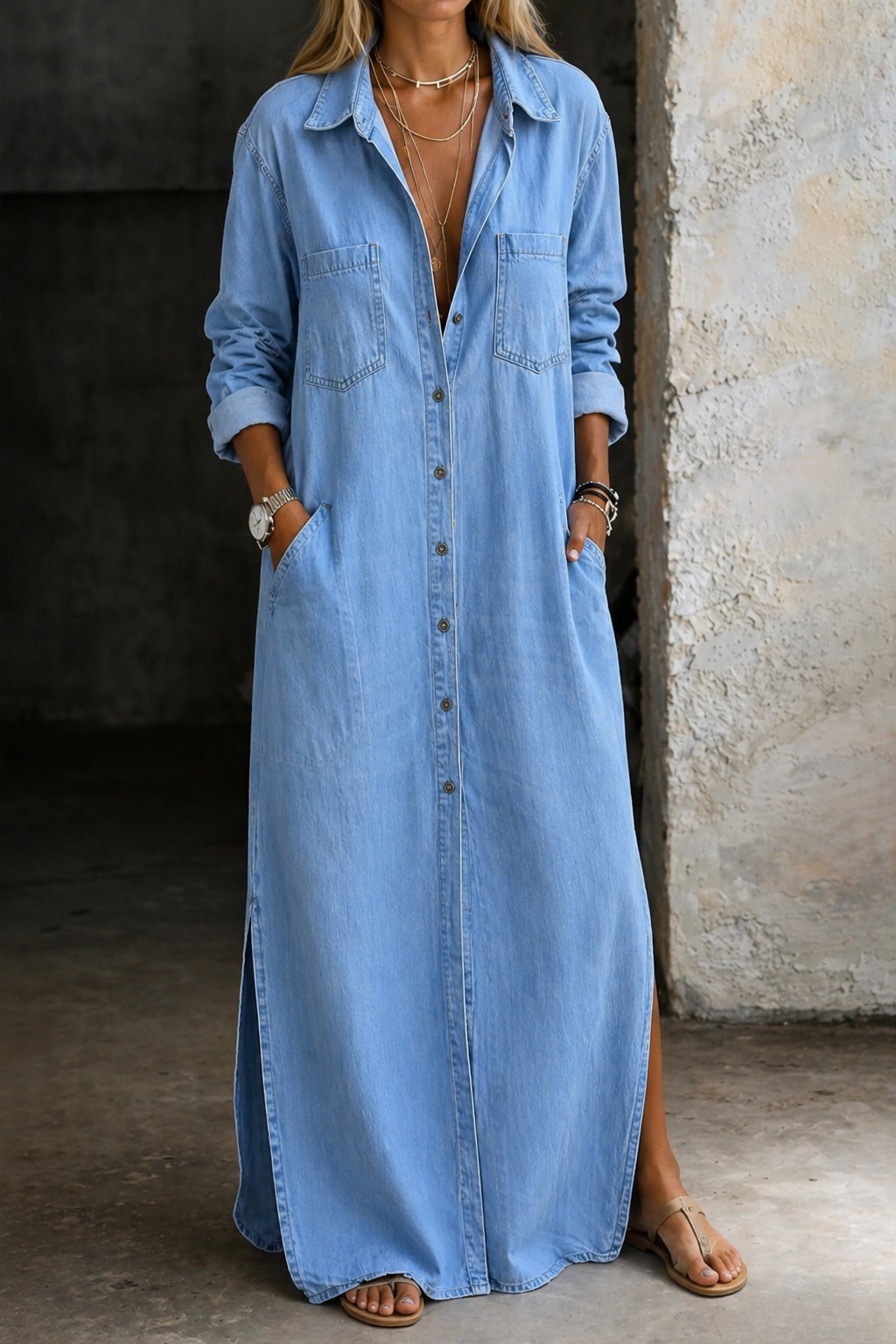 Light blue denim button-down dress with rolled sleeves, worn in an industrial setting with sandals.