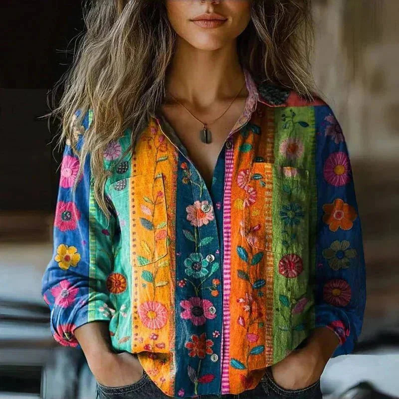 Emma – Vintage Printed Blouse with Lapel Collar