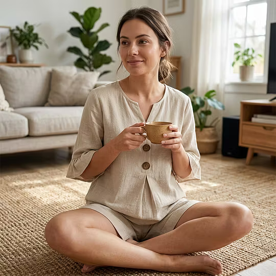 Woman in beige casual set seated indoors on a rug, holding a cup.