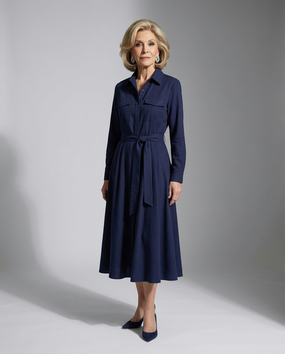 Elegant navy loose dress worn by a woman, featuring long sleeves and a belted waist, in a studio setting.