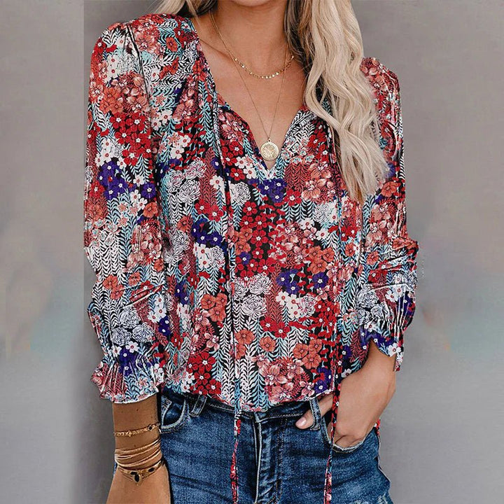 Ria – Floral V-Neck Boho Blouse