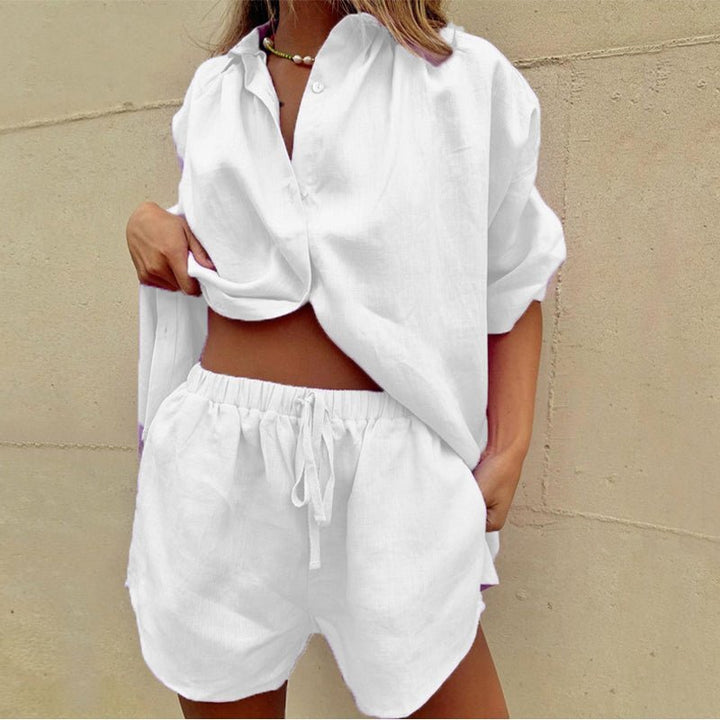 Solara – Two-Piece Button Blouse &amp; Shorts Set