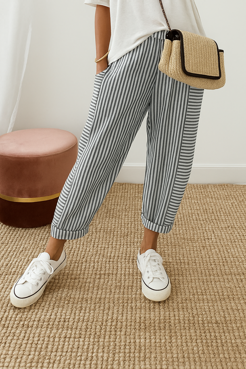 Person wearing dark striped pants with white sneakers and a casual white top, standing on a textured beige carpet near a brown stool.