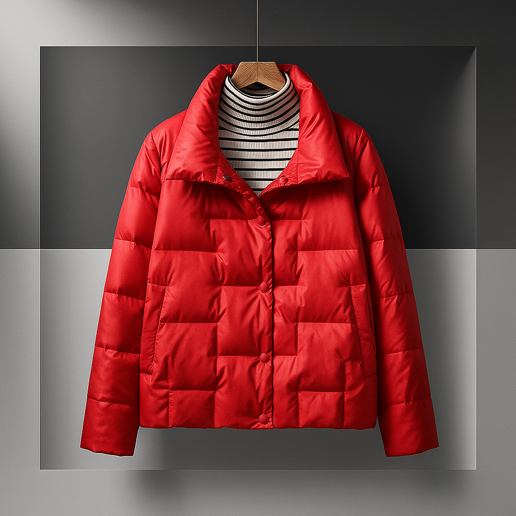 Red quilted jacket with striped inside shirt on a hanger, in a stylish indoor studio setting.