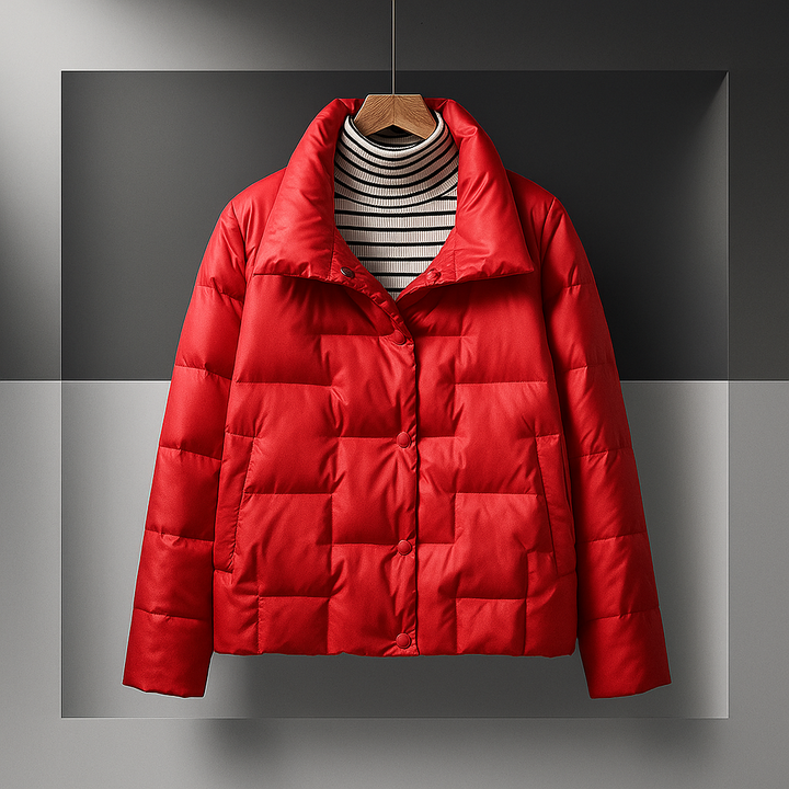 Red quilted jacket with striped inside shirt on a hanger, in a stylish indoor studio setting.