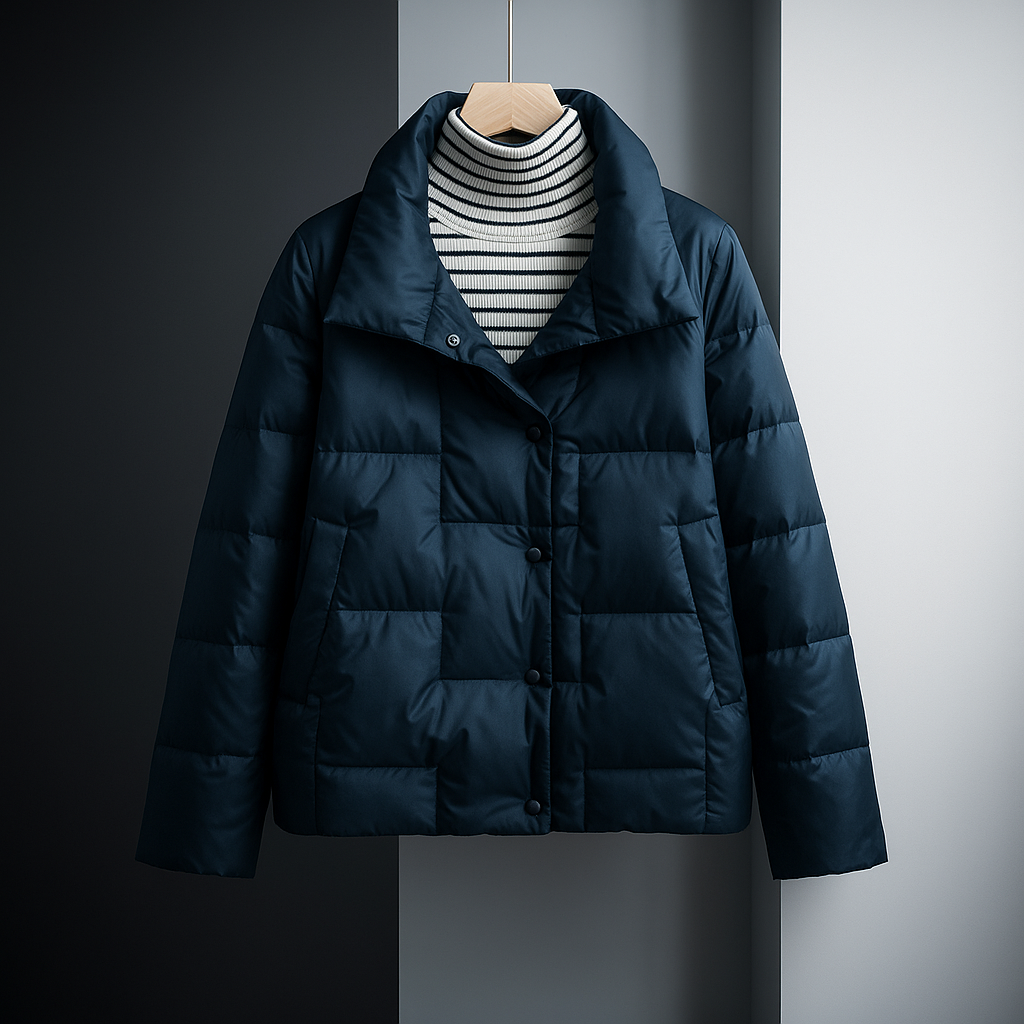 Dark blue quilted jacket with striped inside shirt on a hanger, set in a contemporary studio space.