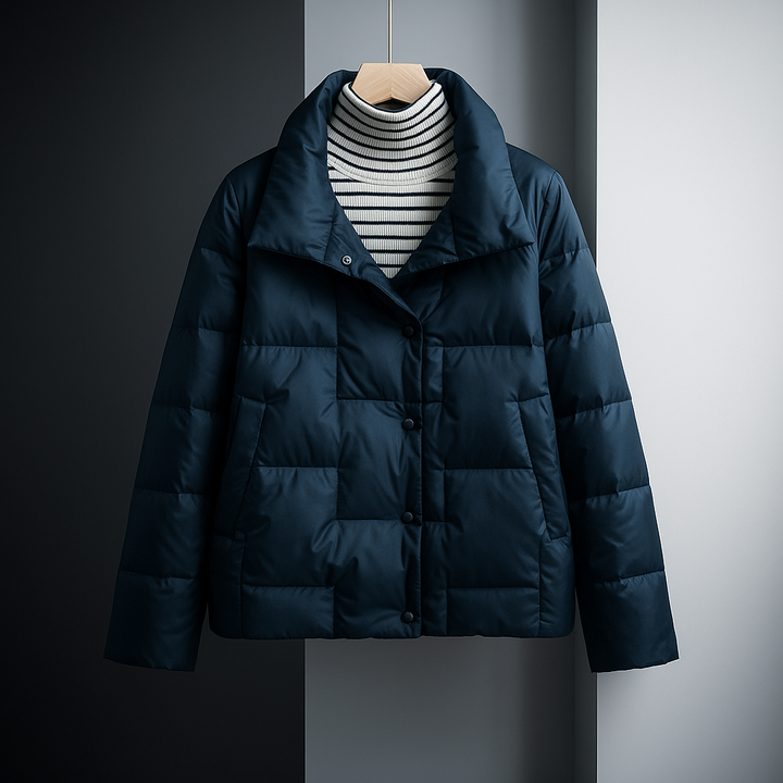 Dark blue quilted jacket with striped inside shirt on a hanger, set in a contemporary studio space.