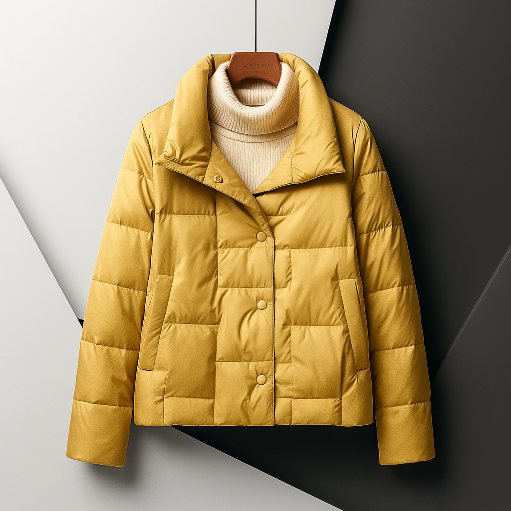 Yellow quilted jacket with a beige turtleneck underneath, displayed in a geometric studio setting.