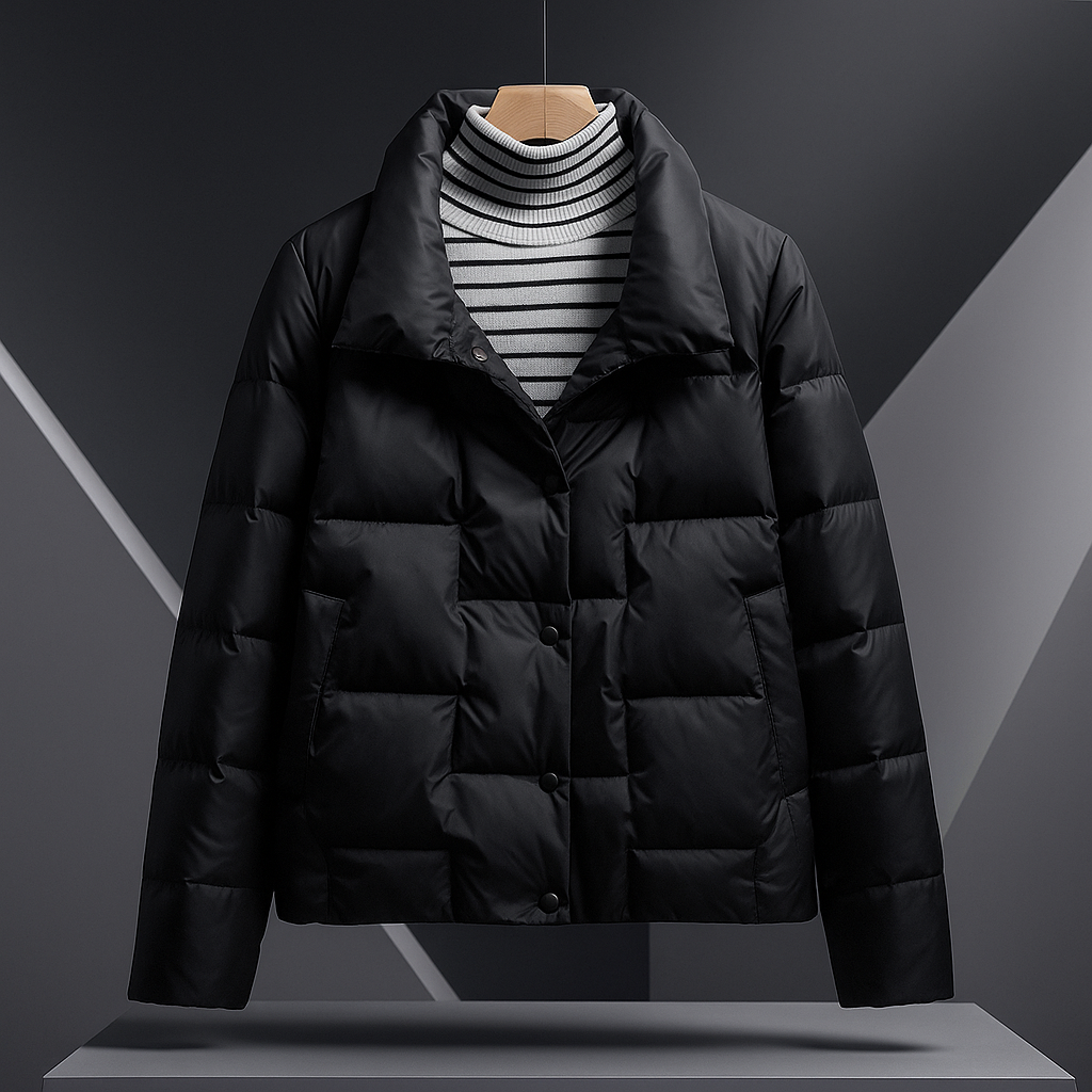 Black quilted jacket with a striped shirt underneath, featured in a modern studio environment.