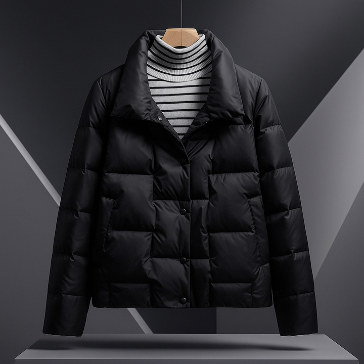 Black quilted jacket with a striped shirt underneath, featured in a modern studio environment.
