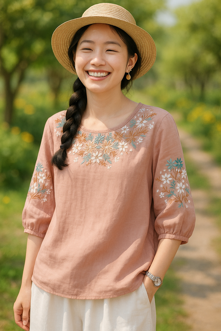 Ellin – Petal Stitch Floral Embroidered Blouse
