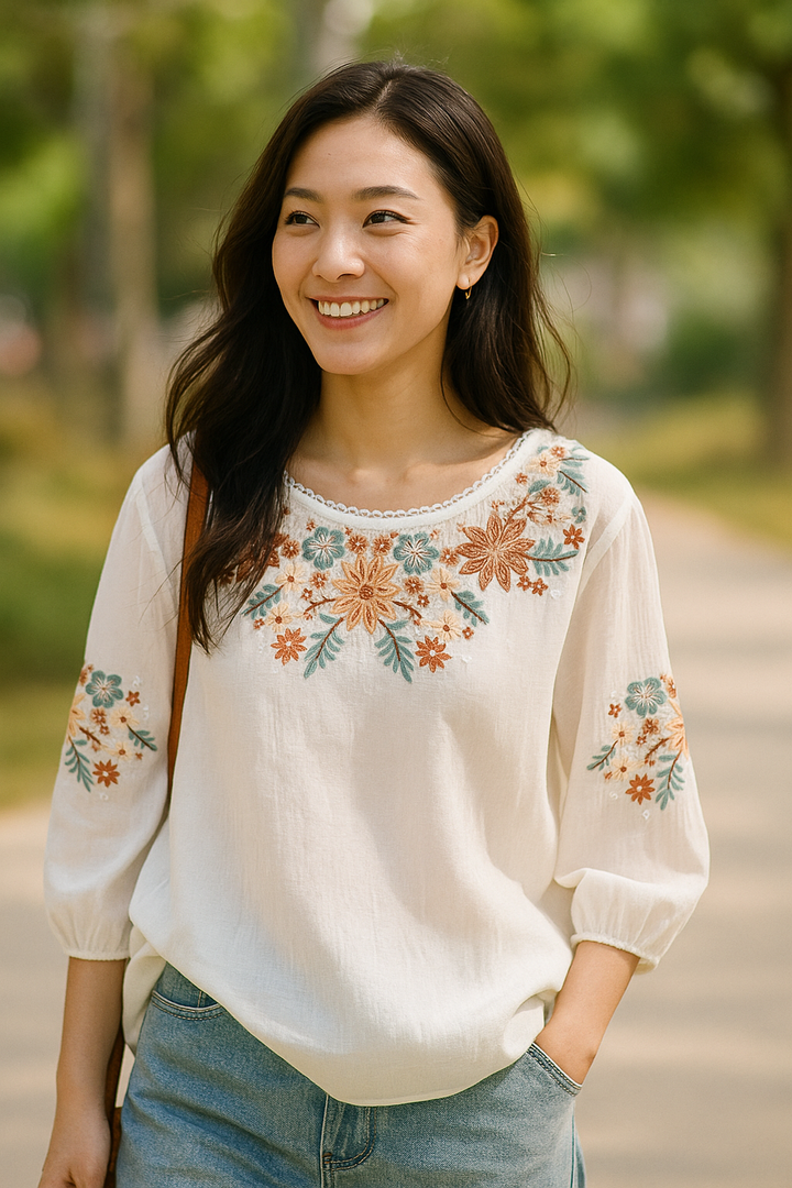 Ellin – Petal Stitch Floral Embroidered Blouse
