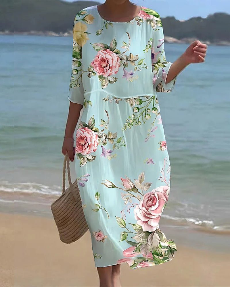 Keely – Floral Midi Dress with 3/4 Sleeves