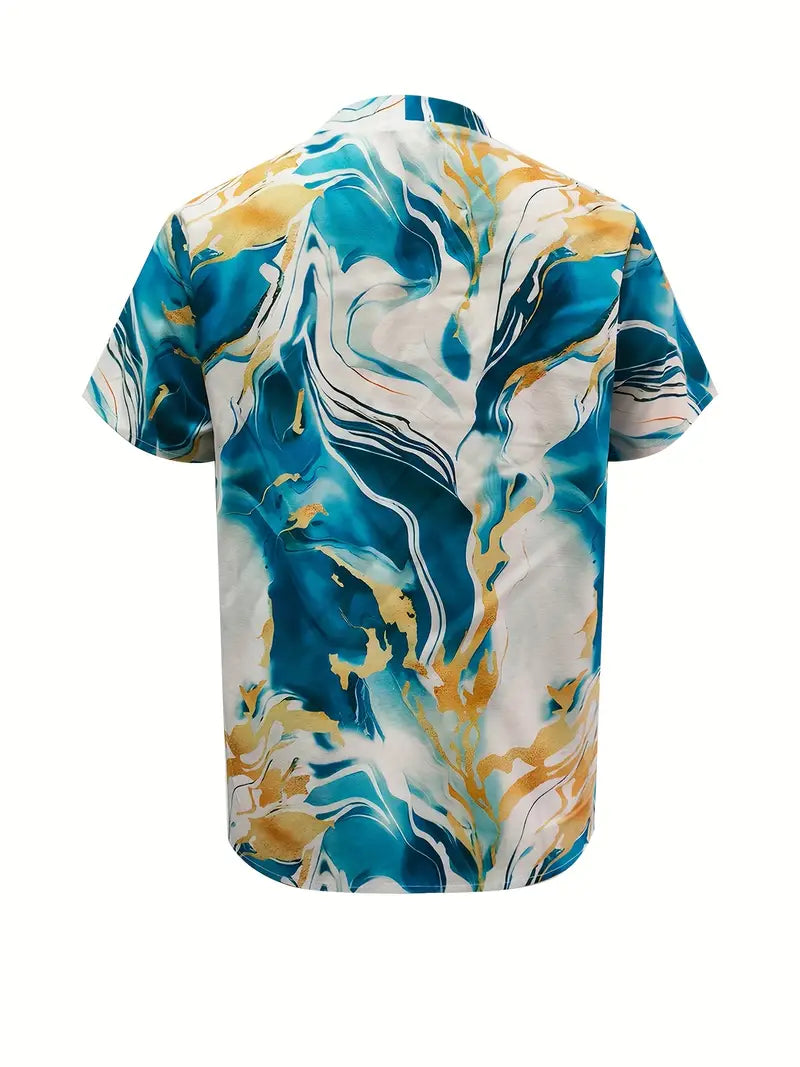 Back view of teal marble print short sleeve shirt on a white studio background.