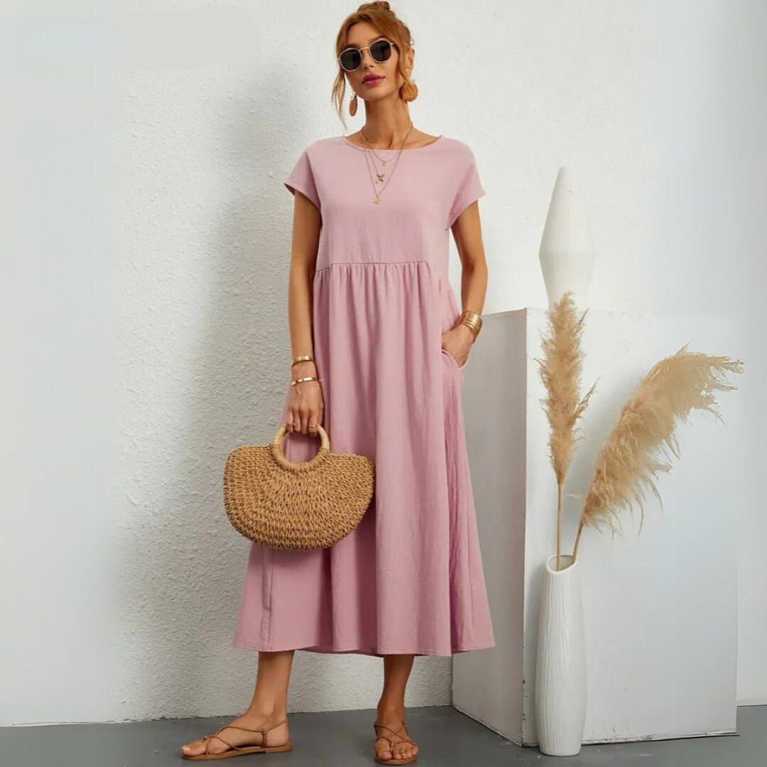 Amalia – Midi Dress with Round Neck &amp; Pockets