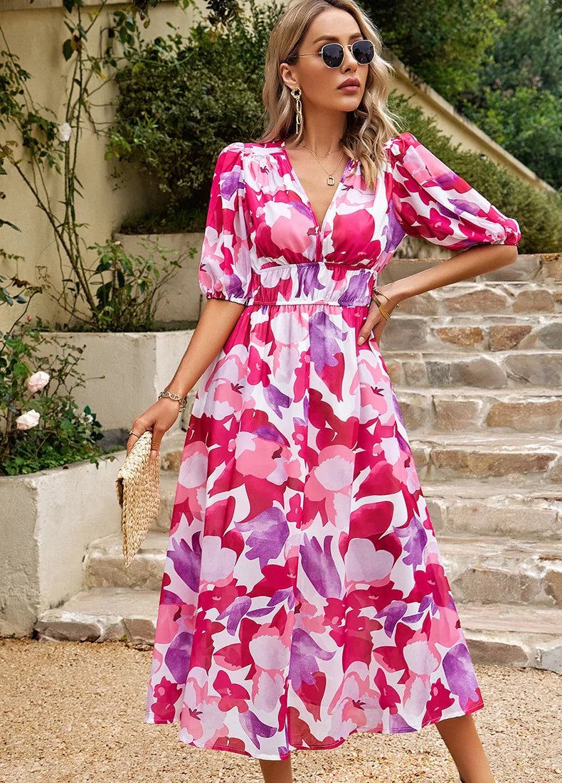 Allison – Floral Midi Dress with V-Neck