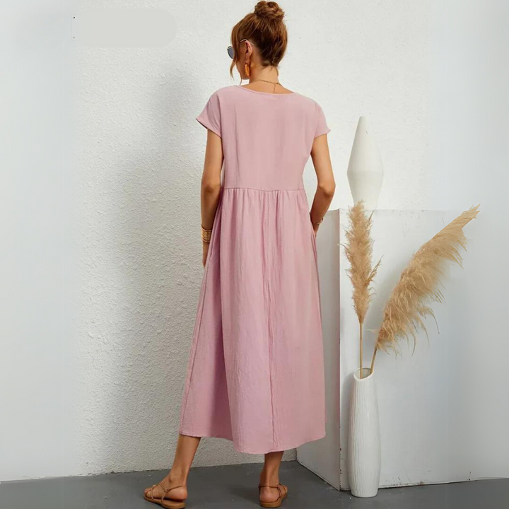 Amalia – Midi Dress with Round Neck &amp; Pockets
