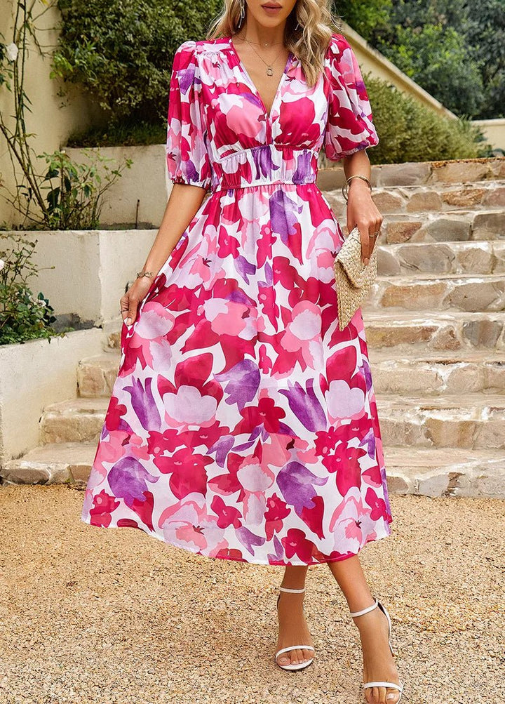 Allison – Floral Midi Dress with V-Neck