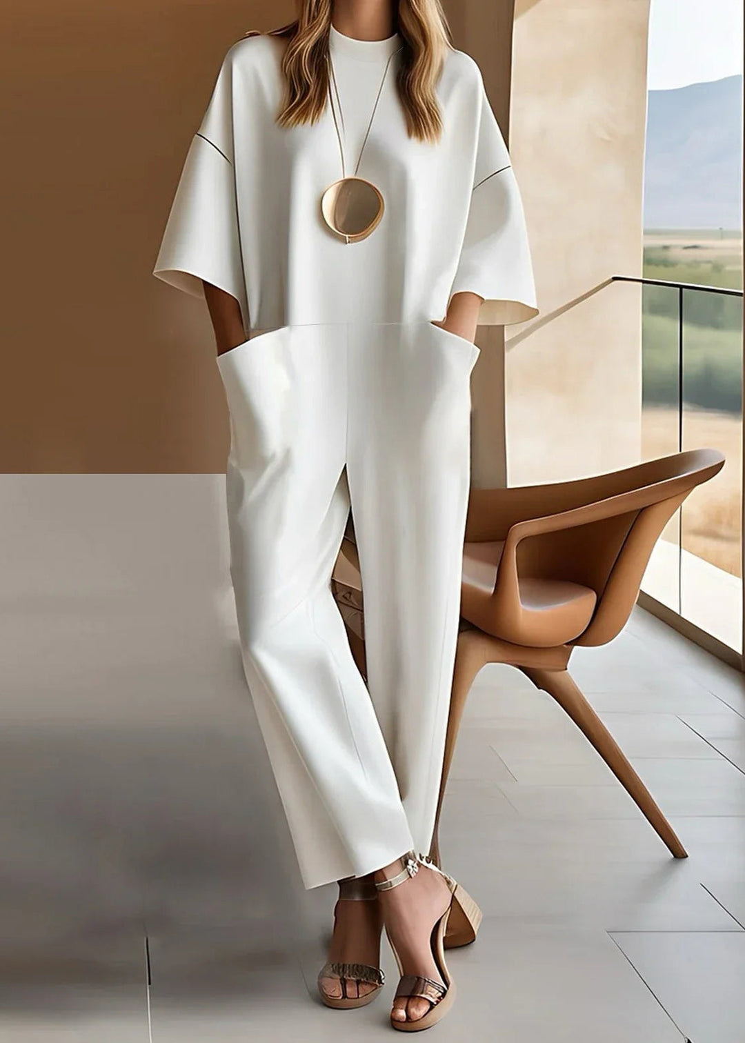 Woman wearing a white short-sleeve jumpsuit with side pockets in a modern, minimalist room with brown chair and large window.