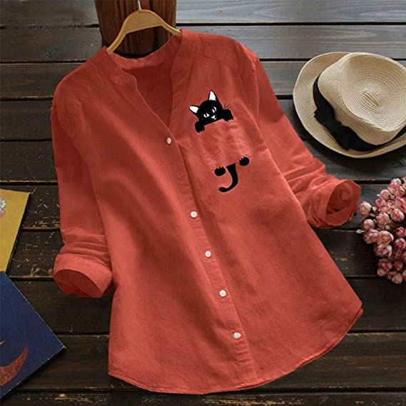 Catrina – Cat Print Blouse with V-Neck