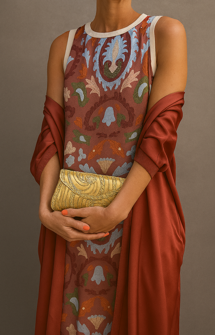 Model in a vibrant printed dress with a red shawl, holding a golden clutch against a neutral studio background.