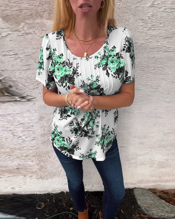 Milania – Floral Pleated Tee with Round Neckline
