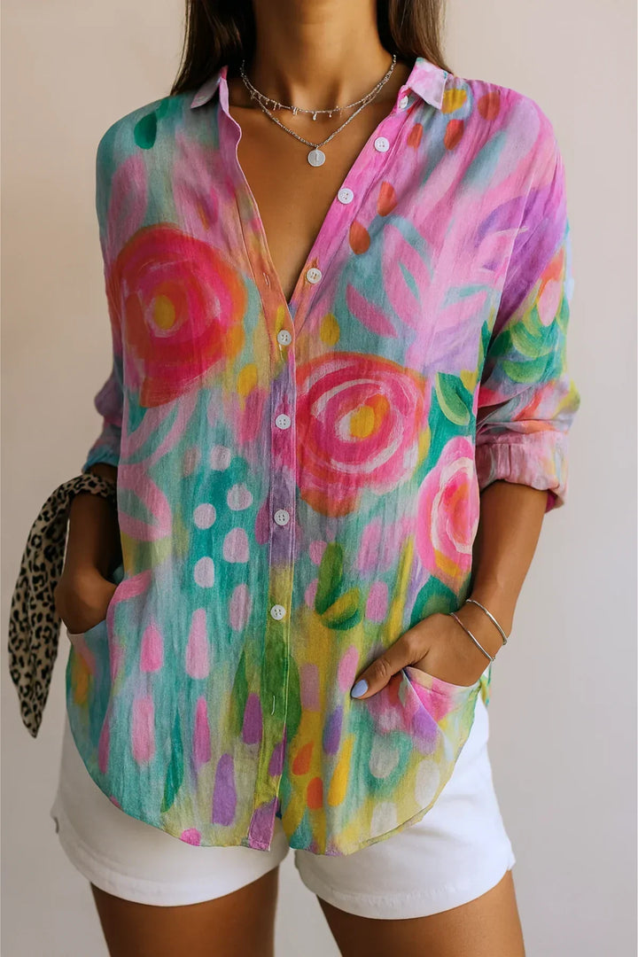 Astra – Colorful Printed Blouse with Gathered Waist