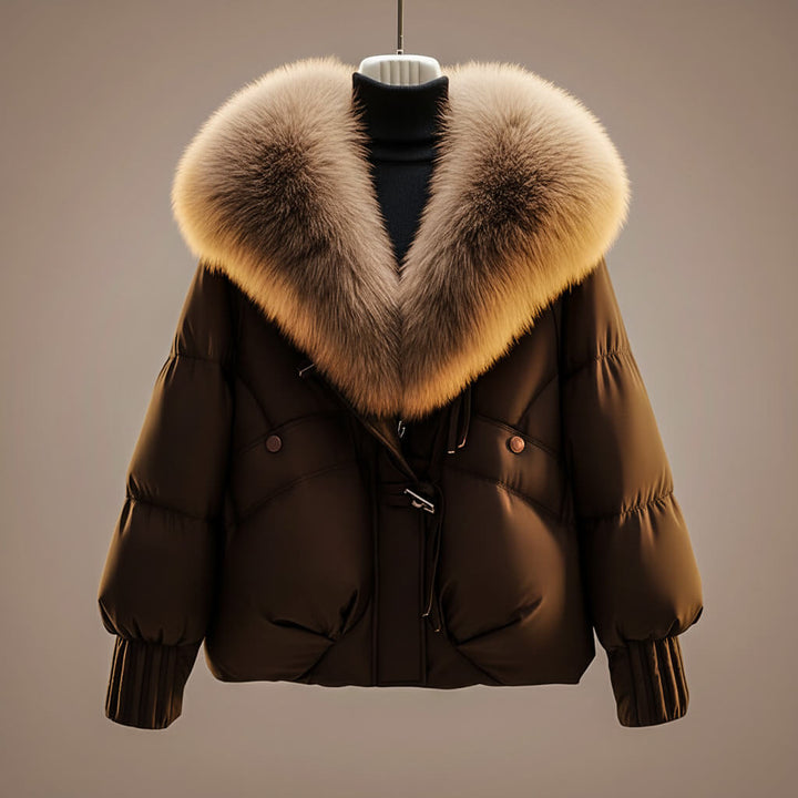 Elegant puffy coat in rich brown with a plush, soft brown collar in a studio setting.