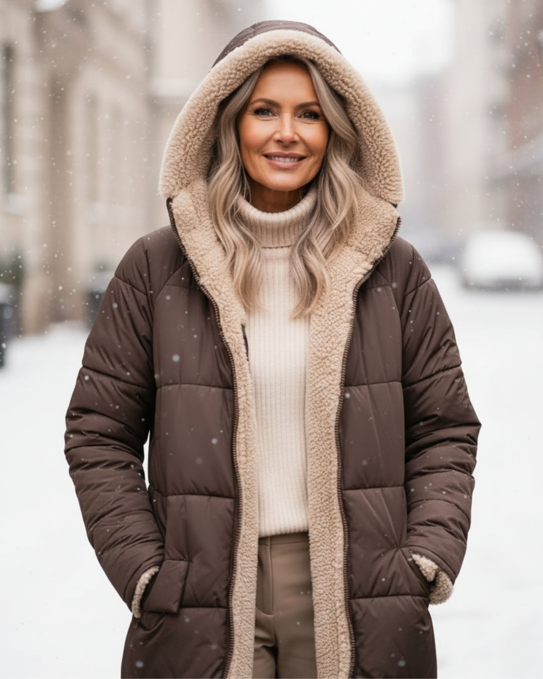 Woman wearing hooded brown coat, standing in snowy cityscape with gentle snowflakes.