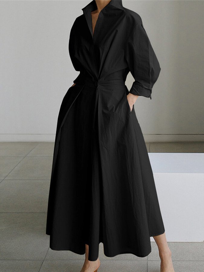 Luni – Lapel Collar Maxi Dress with Swing Skirt