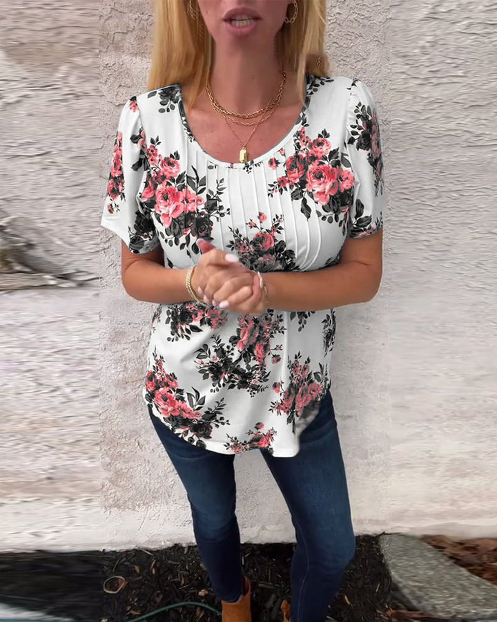 Milania – Floral Pleated Tee with Round Neckline
