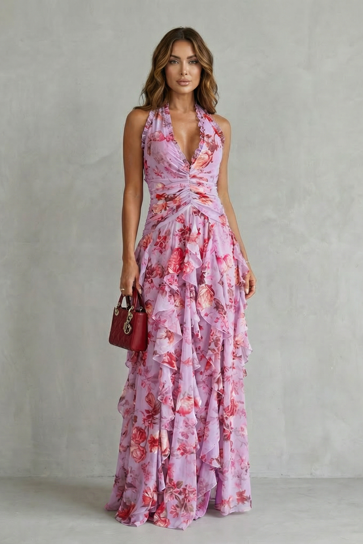 Belladina | Romantic rose cascade – Halter maxi dress