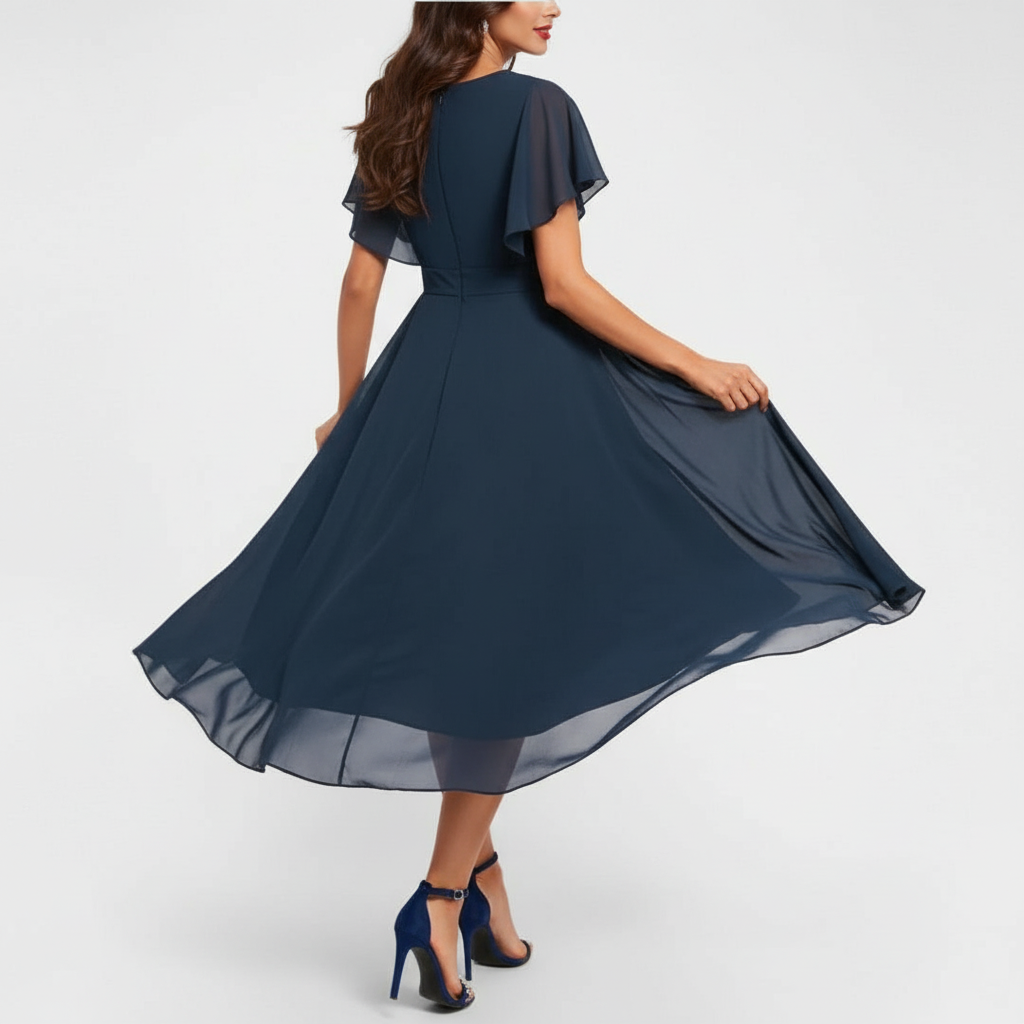 Back view of woman in navy flowing V-neck maxi dress, showcasing flared skirt and short sleeves, in a studio setting.