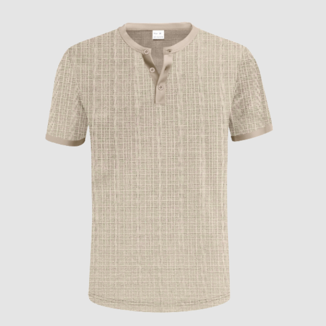 Beige gridline patterned short-sleeve shirt, Henley style buttoned neck, displayed in studio setting on white backdrop.