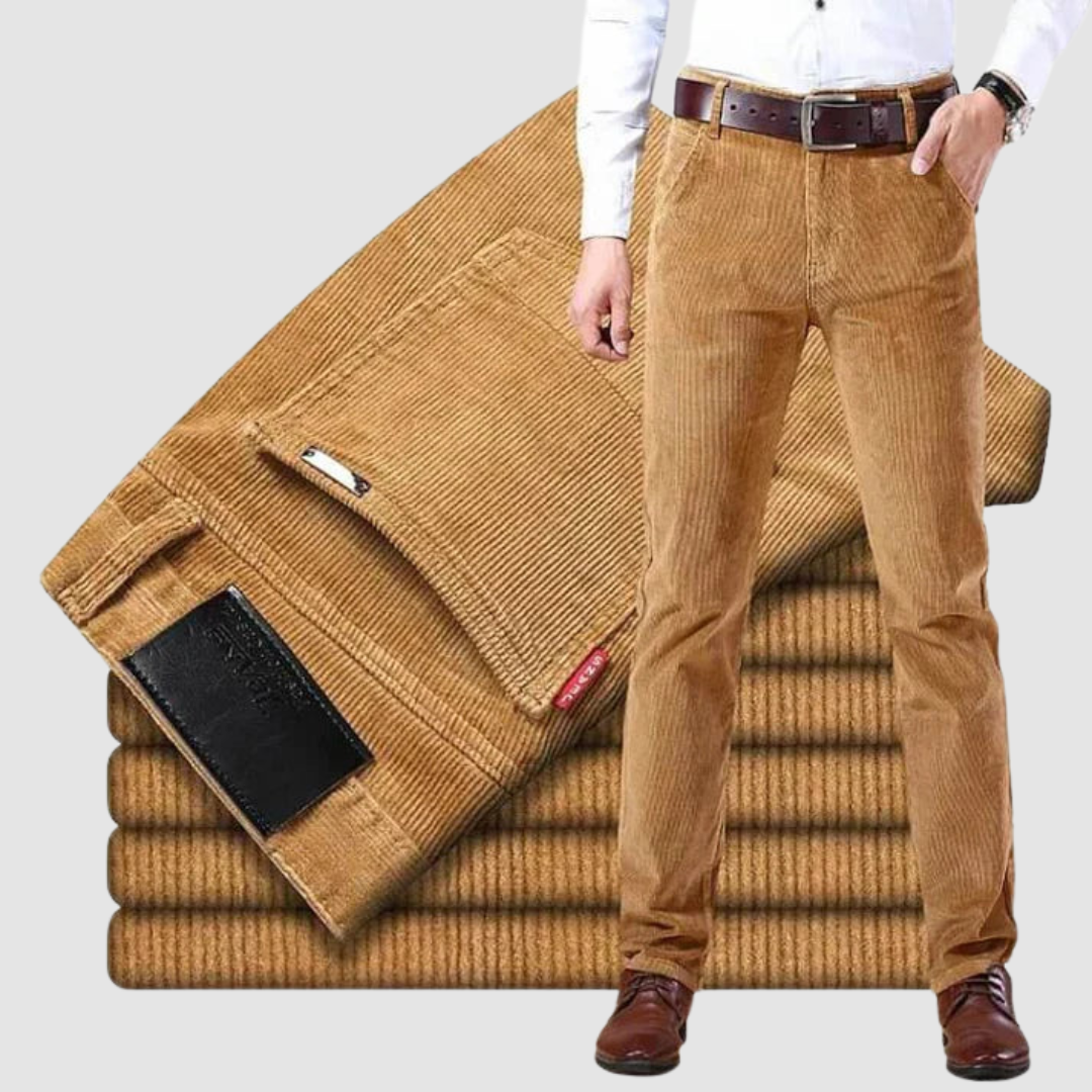 Tan corduroy trousers displayed stylishly against a light background, showcasing texture and casual elegance.
