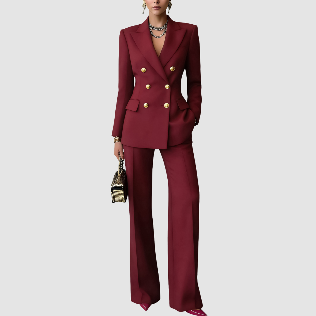 Rich burgundy tailored set featuring gold buttons, structured blazer, wide-leg pants, accessorized with jewelry and metallic handbag on a gray background.