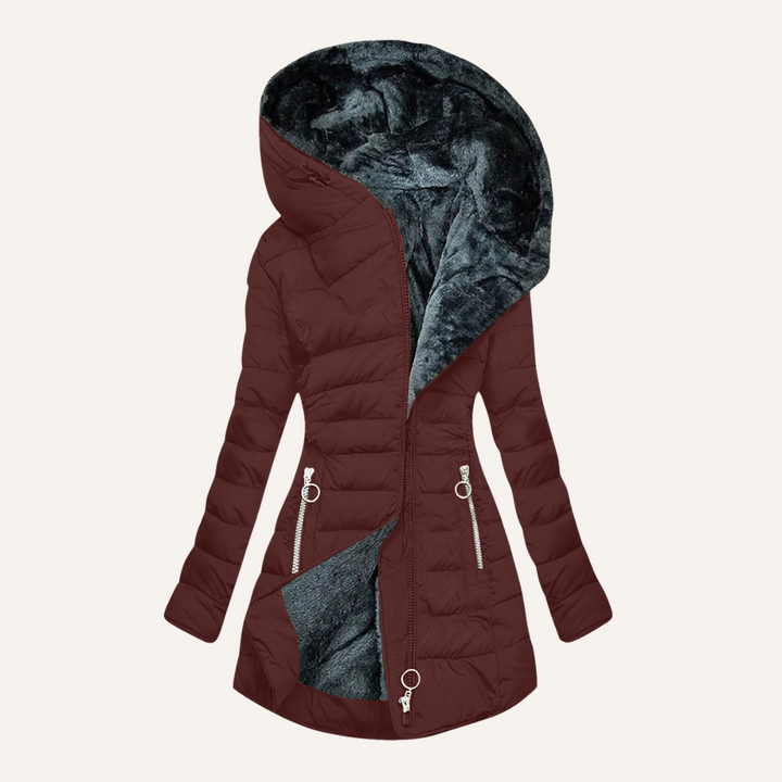 Burgundy fur-lined down jacket with hood, partially zipped, showing inside, studio environment.