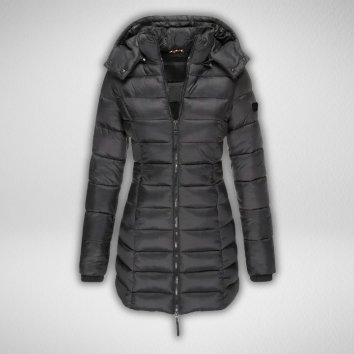 Black puffer parka with hood and front zipper, set against a studio backdrop.