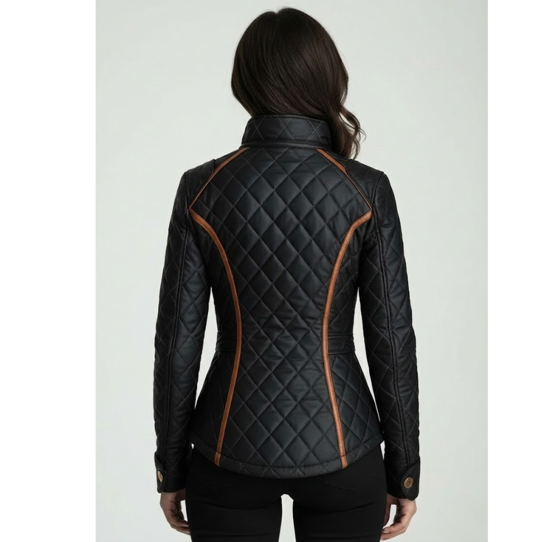 Back view of a black diamond-quilted jacket with brown accents, worn by a model in a studio setting.