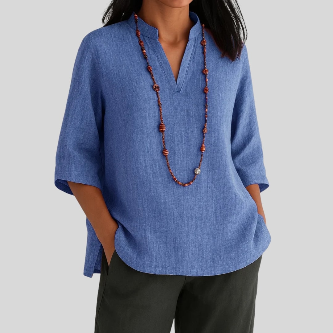 Elira – V-Neck Peplum Blouse with Keyhole Back