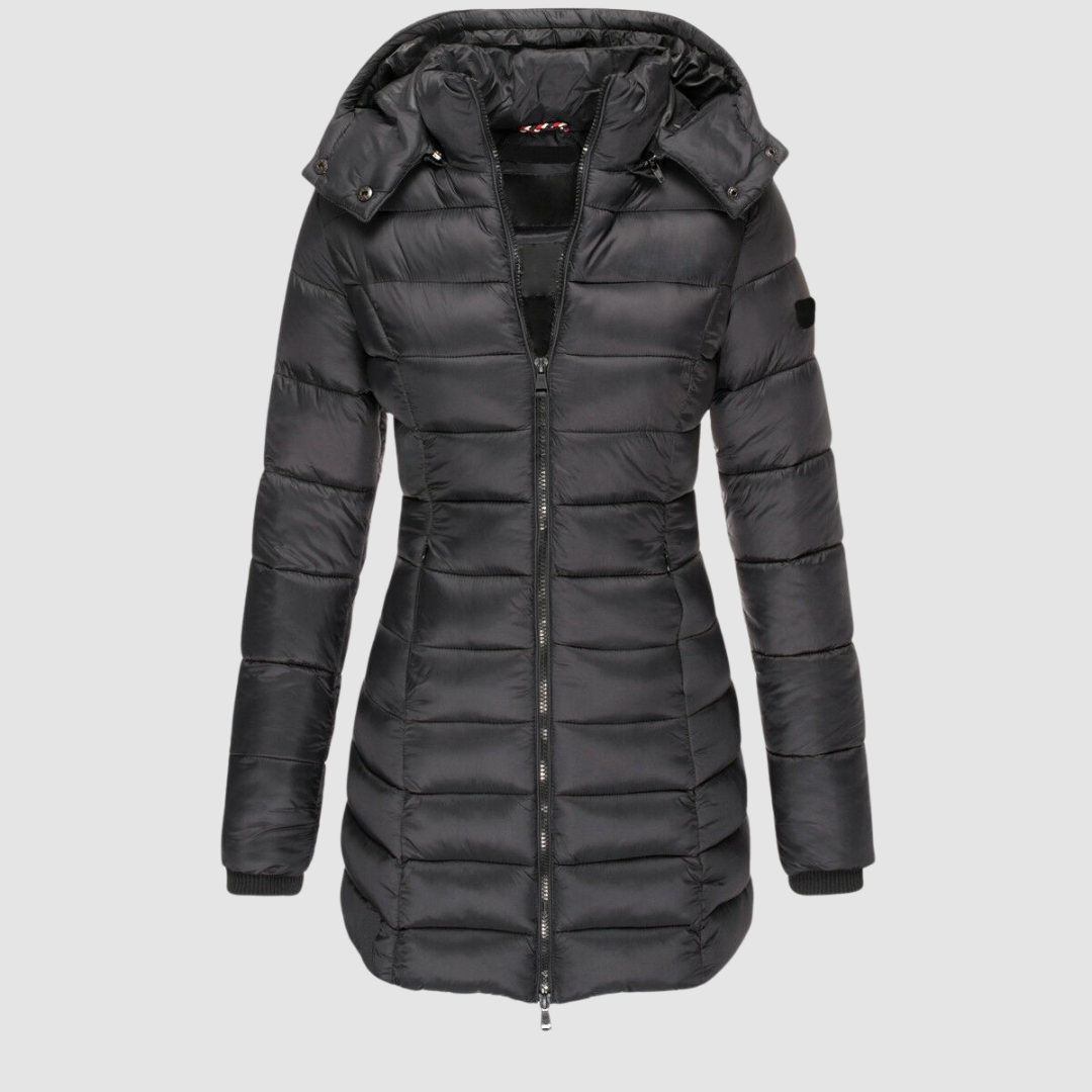 Elegant black puffer jacket with a hood, displayed in a studio setting against a light gray background.