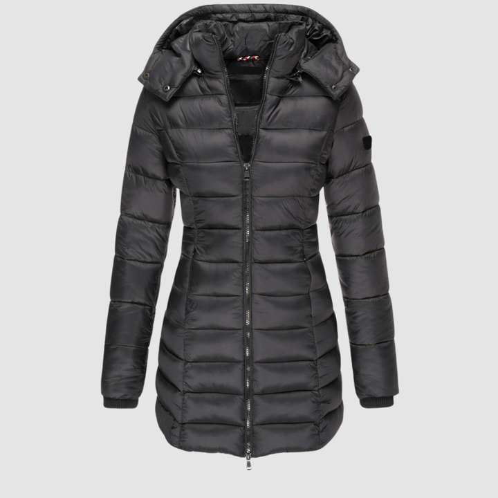 Elegant black puffer jacket with a hood, displayed in a studio setting against a light gray background.